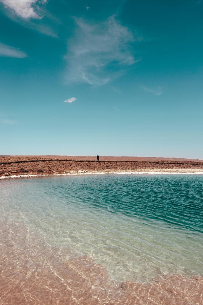 Turquoise lagoon and salt ridge in the Atacama Desert
