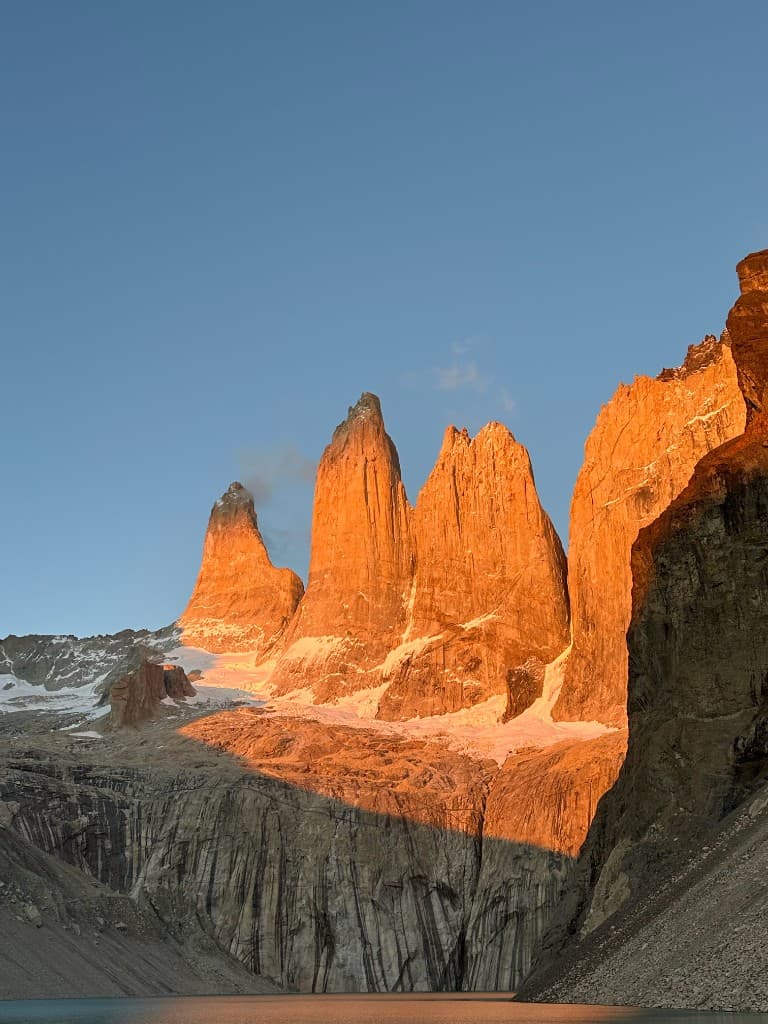 Torres del Paine granite towers at golden hour, Chilean Patagonia