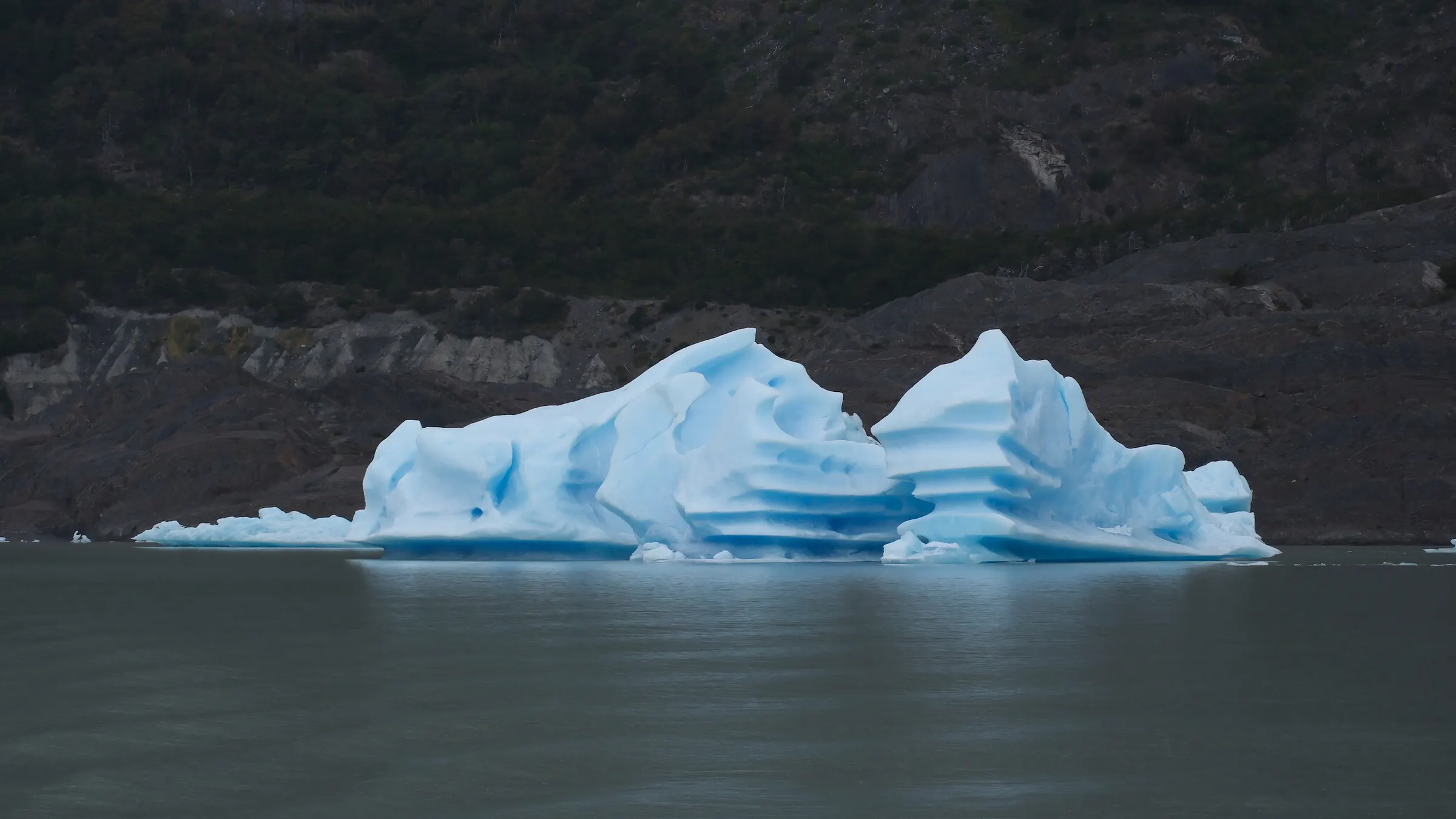 Blue icebergs floating on Lago Grey, Torres del Paine