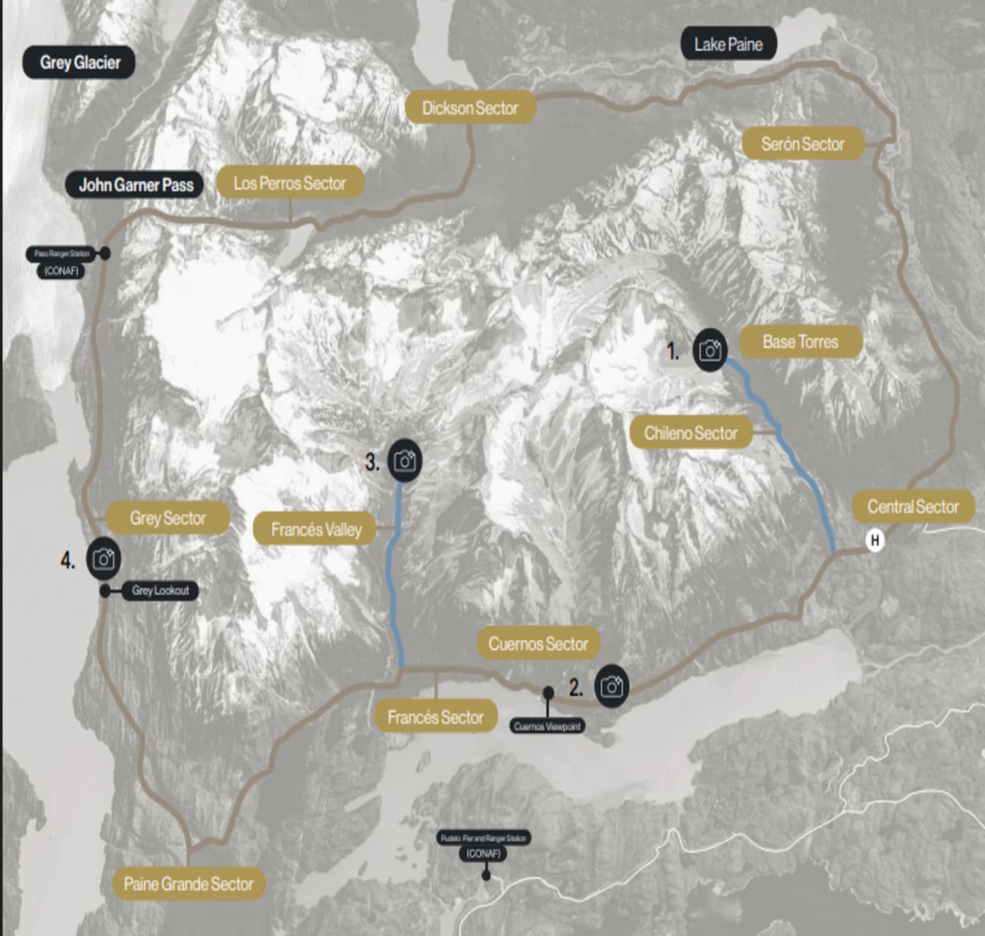 Map of the O Circuit route around the Paine massif, Torres del Paine National Park